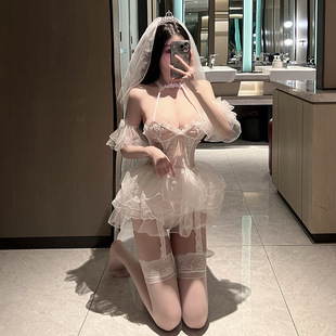 情趣内衣性感白色透视头纱免脱婚纱套装新娘制服诱惑纯欲挑逗火辣