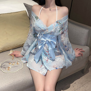 花俏情趣内衣和服浴袍套装制服诱惑印花日系蝴蝶结性感女日式睡衣