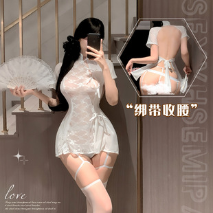 花俏新中式qqny国风旗袍蕾丝斜襟绑带女开衩心机复古连衣裙透视睡