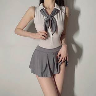 花俏性感情趣内衣学院风露背纯欲女连衣裙JK制服诱惑百褶套装代发