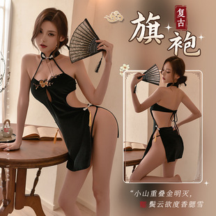 花俏性感女梅花刺绣饰胸高开衩旗袍古典丝绒性感情趣内衣制服代发